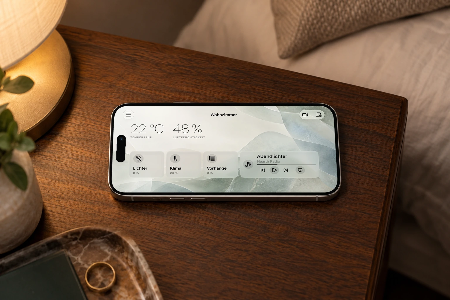 Hearth auf einem iPhone auf dem Nachttisch