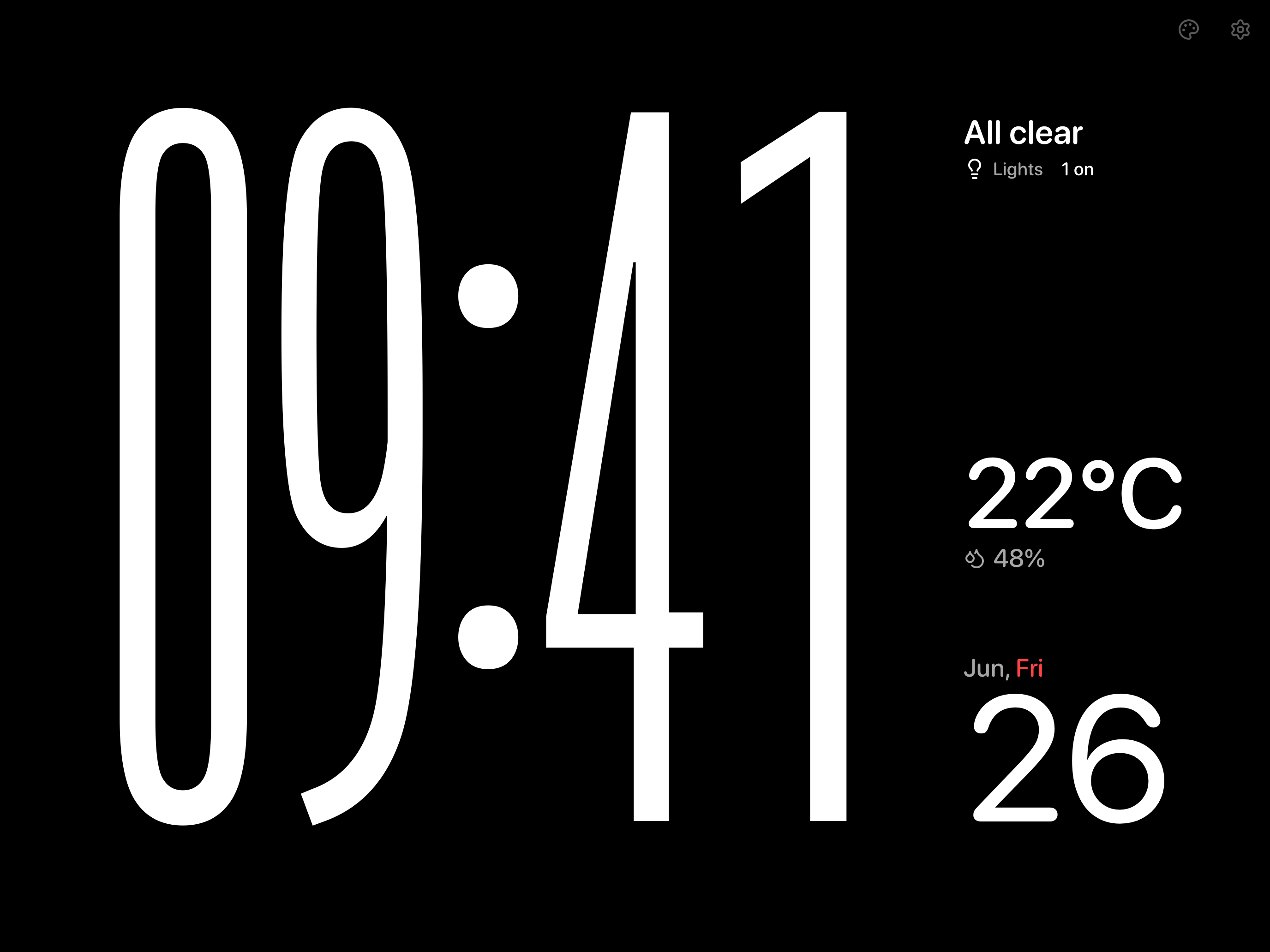 Hearth Modular screensaver with a digital clock, home status, indoor climate, and date calendar